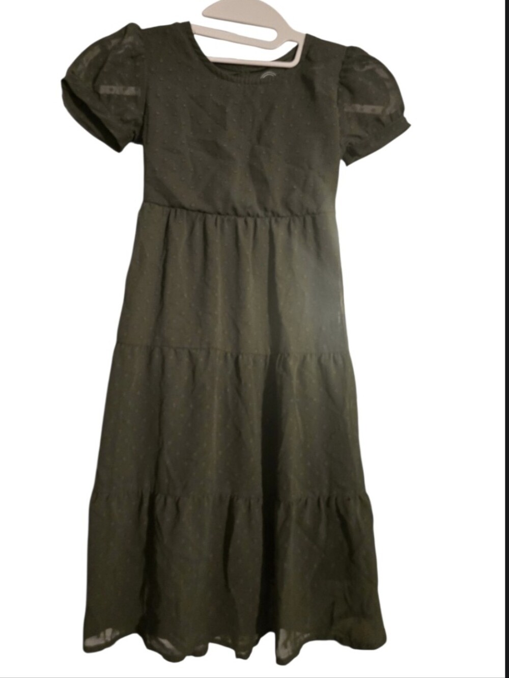 Wonder Nation Olive Tiered Puff-Sleeve Polka Dot Maxi Dress Size XS-4/5 in EUC